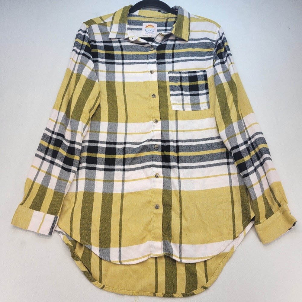 C&C California Button Down Shirt Womens Large Yellow Plaid High Low